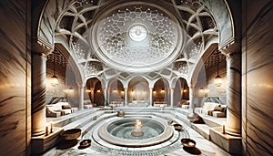 AI generated illustration of a lavishly decorated chamber with an opulent fountain