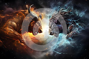 AI generated illustration of the leo and taurus zodiac signs in a battle among a cosmic nebula