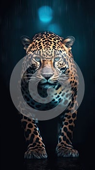 AI generated illustration of a leopard standing in the rain at night
