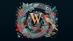 AI generated illustration of the letter 'W' with floral and avian elements on a dark background