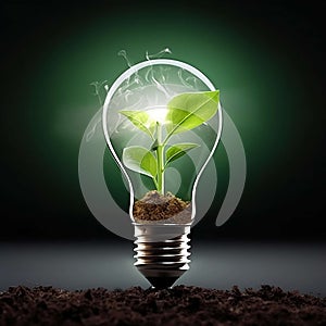 AI generated illustration of a light bulb filled with a leaf illuminated against a black background
