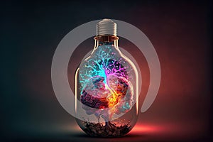 AI generated illustration of a light bulb with human brain inside