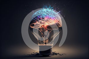 AI generated illustration of a light bulb with human brain inside