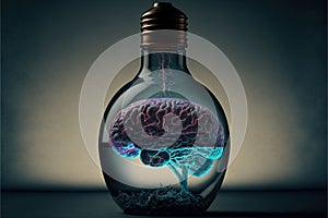 AI generated illustration of a light bulb with human brain inside