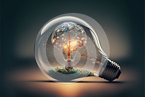 AI generated illustration of a light bulb with human brain inside