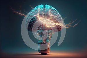 AI generated illustration of a light bulb with human brain inside