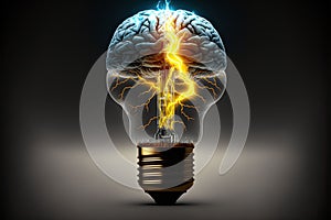AI generated illustration of a light bulb with human brain inside