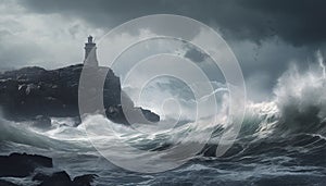 AI generated illustration of A lighthouse perched on a cliff overlooking a tumultuous ocean