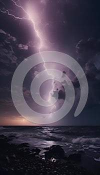 AI generated illustration of a lightning illuminating a stormy night sky over water