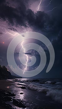 AI generated illustration of lightning strikes at beach during stormy night with clouds