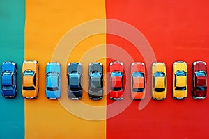 AI-generated illustration of a line of colorful cars parked in a parallel formation