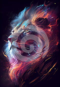 AI generated illustration of a lion with a fiery mane erupting from its face