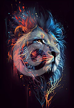 AI generated illustration of a lion with a fiery mane erupting from its face