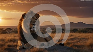 AI generated illustration of a lion resting on a rock in an African savannah