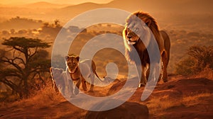 AI generated illustration of a lion walking in savanna with two cubs