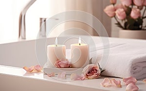 AI generated illustration of lit candles on a counter with pink roses near a bathtub