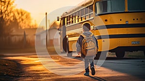 AI generated illustration of a little school boy walking towards yellow school bus