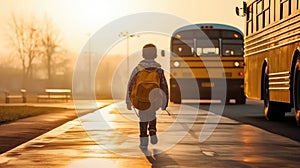 AI generated illustration of a little school boy walking towards yellow school bus