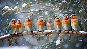 AI generated illustration of lively birds perched on bare branches of an apple tree in a winter park