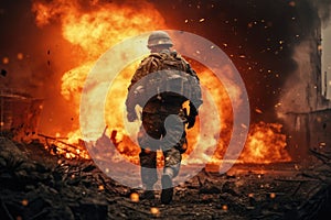 AI generated illustration of a lone military personnel striding through the flames