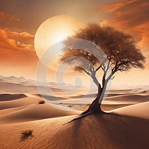 AI generated illustration of a lone tree in a desert