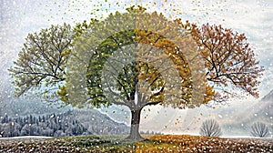 AI generated illustration of a lone tree on a hill, surrounded by falling leaves