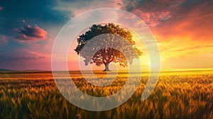 AI generated illustration of a lone tree at sunset in an open field