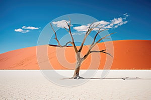 AI generated illustration of a lone tree in a vast desert landscape, illuminated by the blue sky