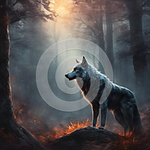 AI generated illustration of a lone wolf in a deep, dark forest with the warm rays of the sun