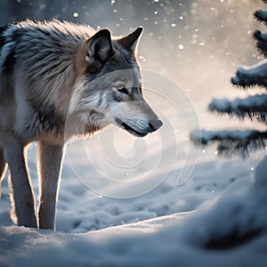 AI generated illustration of A lone wolf in the snow beside a tree