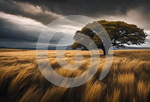 AI generated illustration of a lonely tree in a golden wheat field with dark stormy skies above