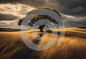 AI generated illustration of a lonely tree in a golden wheat field with dark stormy skies above