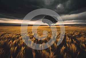 AI generated illustration of a lonely tree in a golden wheat field with dark stormy skies above