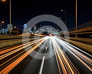 AI generated illustration of the long exposure light trails on the highway road at night