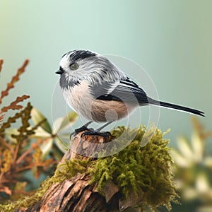 AI generated illustration of a Long-tailed tit perched atop a tree branch