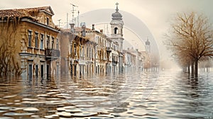 AI generated illustration of a low-lying cloud enveloping a flooded street