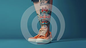 AI generated illustration of a lower leg with a colorful tattoo of an East Asian guardian lion