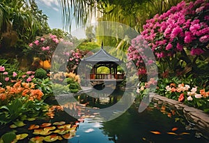 AI generated illustration of a lush garden with flowers, pond, and charming bridge over water photo