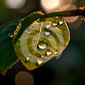 AI generated illustration of a lush green leaf with glistening water droplets