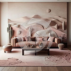 AI generated illustration of a luxurious living room features stylish desert-inspired decor.