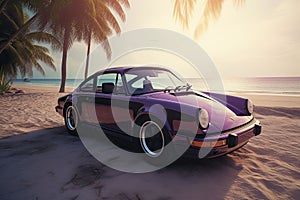 AI generated illustration of a luxurious purple vintage car parked on a beach near a palm tree