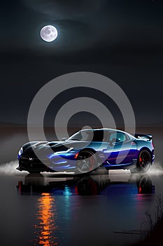 AI generated illustration of a luxurious sports car parked on a beach with the Moon in the sky