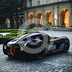 AI-generated illustration of a luxury black car parked in front of a mansion