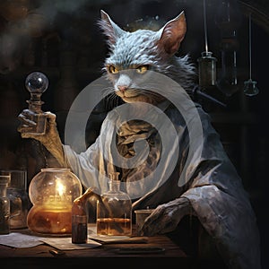 AI generated illustration of a lykoi cat as a potion master meticulously mixing elixirs