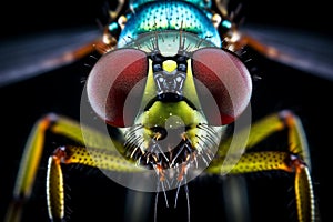 AI generated illustration of a macro of a fly with vibrant green legs