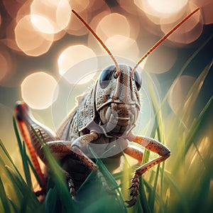 AI generated illustration of a macro of a grasshopper perched on vibrant green grass