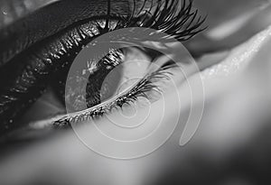 AI generated illustration of a macro of a human eye in grayscale