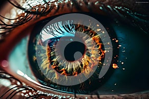 AI generated illustration of a macro of a human eye, with green iris and brown flecks