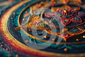 AI generated illustration of a macro shot of a colourful sand mandala
