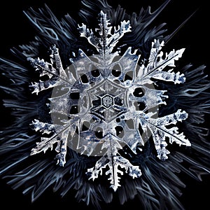 AI-generated illustration of a macro snowflake, on a dark background